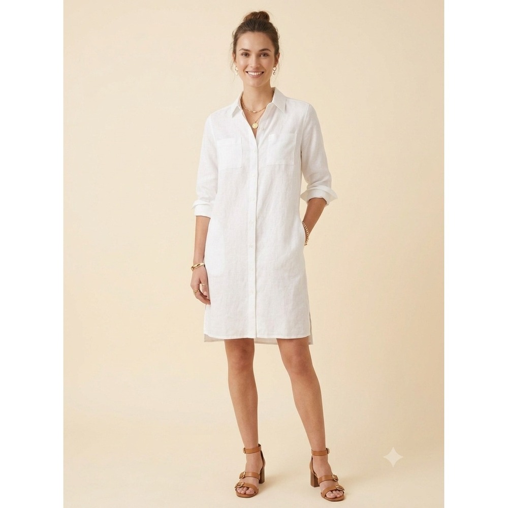 New Saks Fifth Avenue Tunic XS 100% Linen Shirt Dress White Roll Tab Button Down